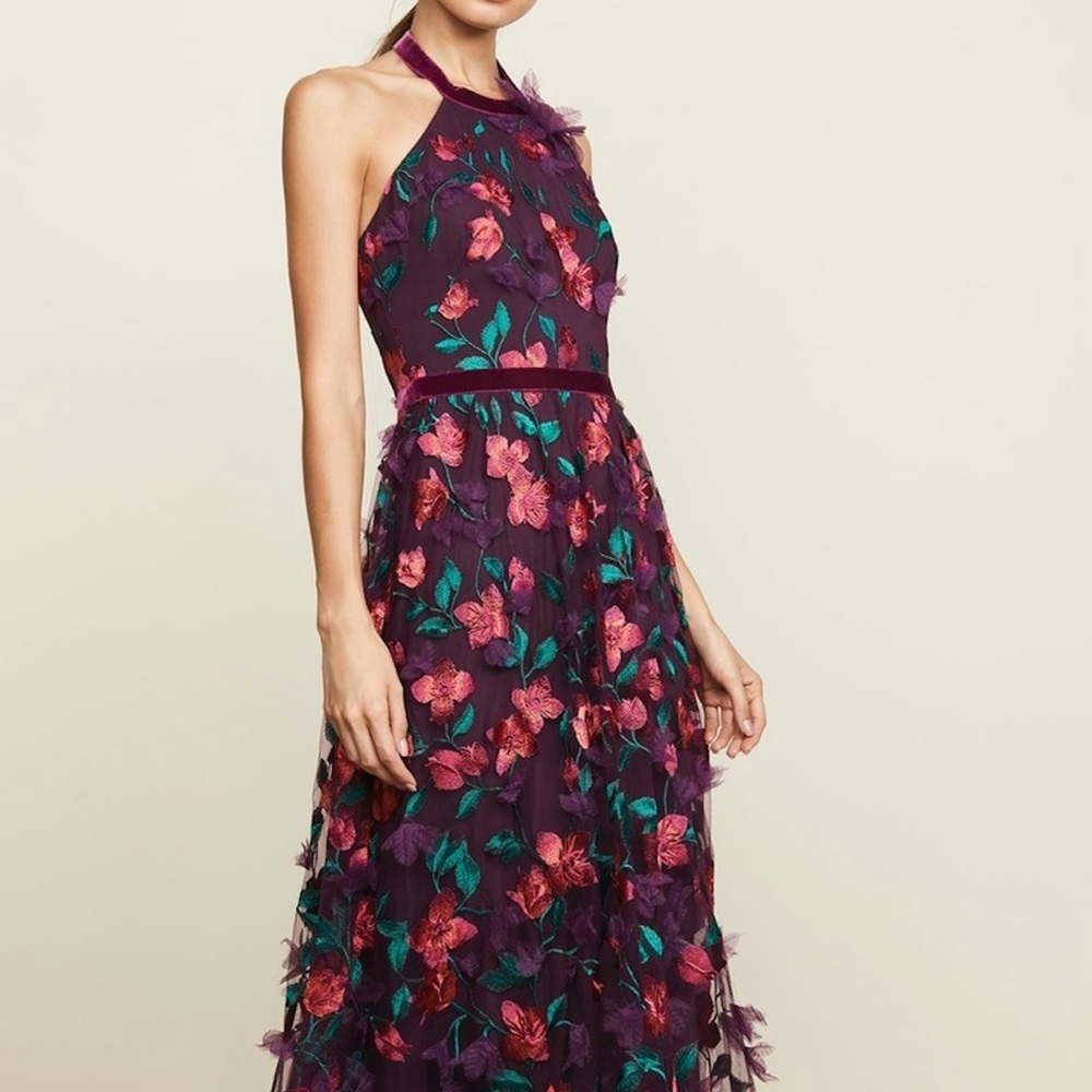 Marchesa Notte Floral Halter Neck Dress